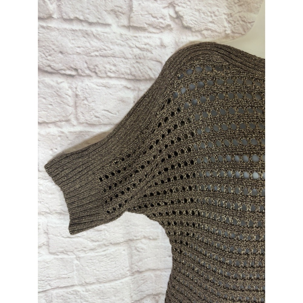 CHICOS 1 M Bronze Metallic Open‎ Knit Crochet Chunky Knit Dolman Sleeve Sweater - Picture 5 of 10
